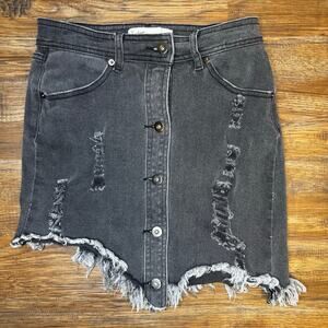 Vintage Havana sz SMALL black jean skirt DISTRESSED asymmetrical raw hem stretch